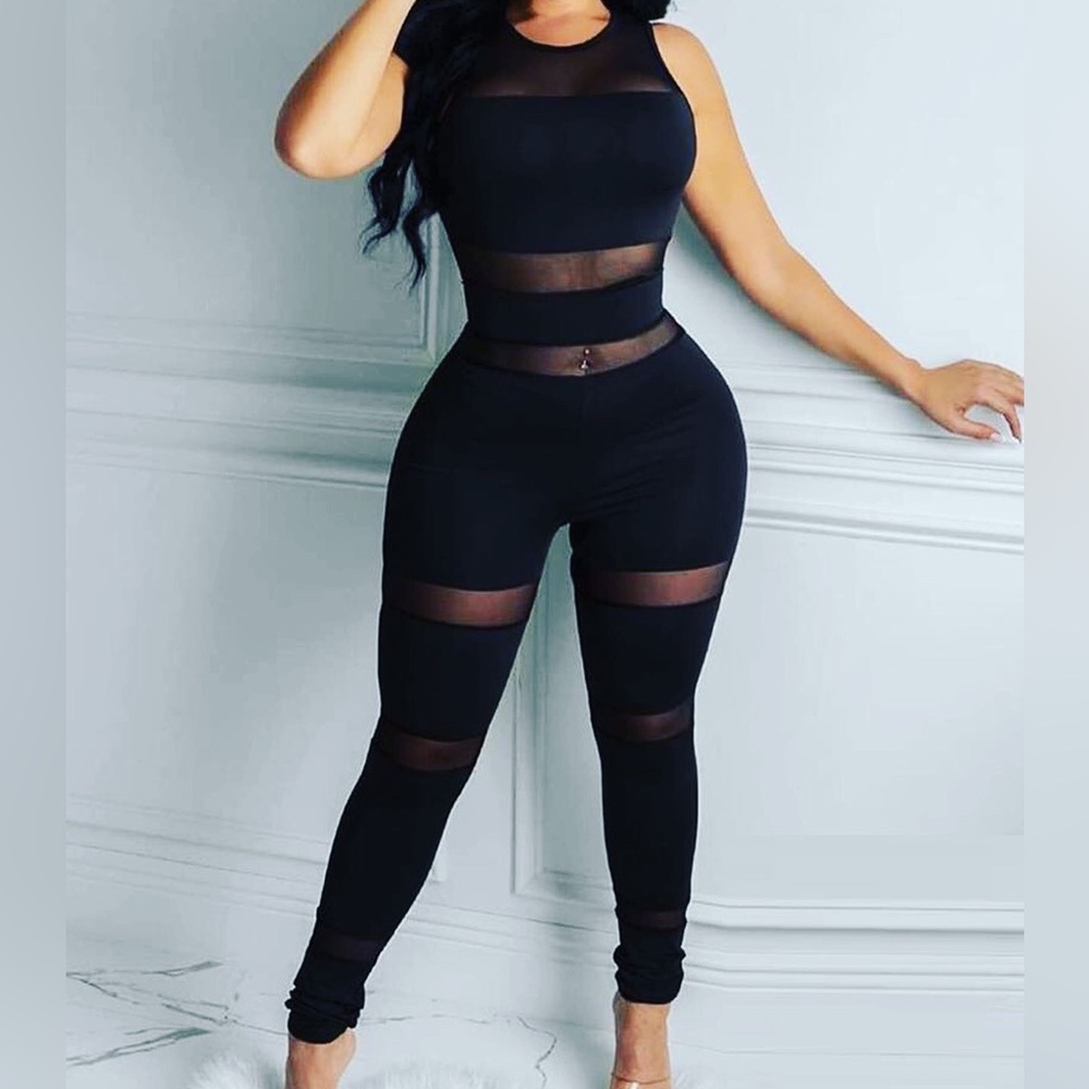 See Through Mesh Black Zip up Jumpsuit Nwot